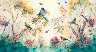 Jardin paradisiaque d'oiseaux colorés