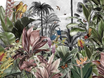 Papier peint  Jardin sauvage et oiseaux de paradis