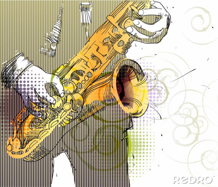 Papier peint  jazzman dans un costume rayé avec un saxophone d'or