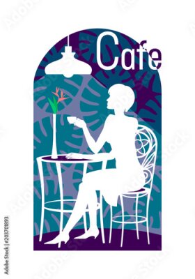 Papier peint  Jeune femme assise sur une chaise au café avec une tasse de café et avec la fleur de Strelitzia dans un vase, sur un fond ornemental et sous la lumière d'une lampe. Illustration vectorielle de couleur