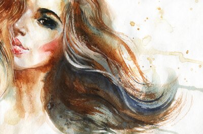 Jeune femme beauté aquarelle. Portrait dessiné de fille à la main. Peinture illustration de mode sur fond blanc