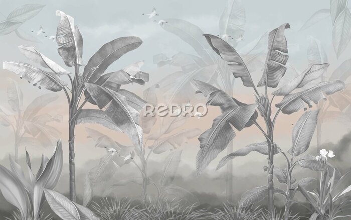 Papier peint  Jungle avec des oiseaux et des palmiers