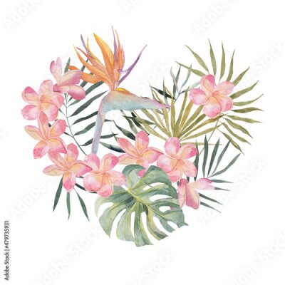 Papier peint  Jungle heart love wreath. Strelitzia, plumeria, monstera, palm leaves. Watercolor hand drawn. Frame isolated on white background. For invitation, postcard, poster, valentines and birthday cards.
