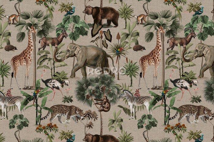 Papier peint  Jungle pattern background wild animals illustration