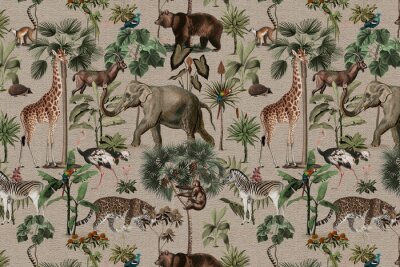 Papier peint  Jungle pattern background wild animals illustration