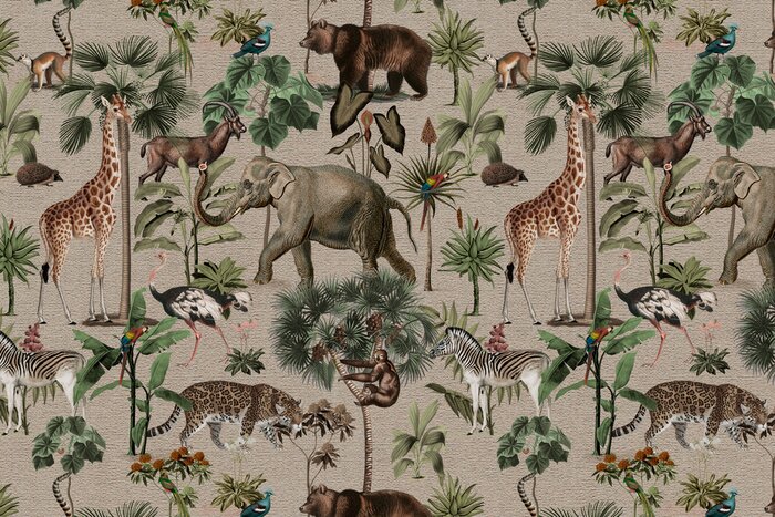 Papier peint  Jungle pattern background wild animals illustration