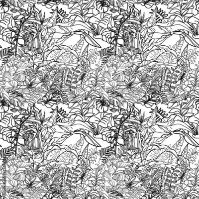 Papier peint  Jungle seamless pattern. Tropical Paste. Ferns Strelitzia, liana pattern. Freehand drawing.