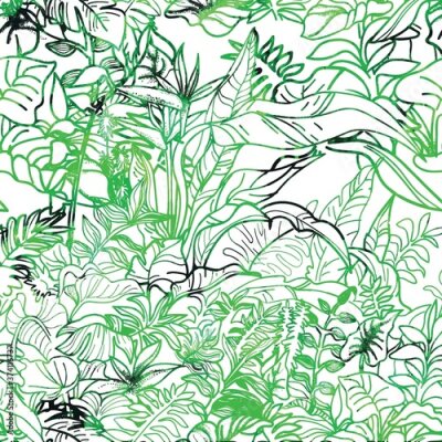 Papier peint  Jungle seamless pattern. Tropical Paste. Ferns Strelitzia, liana pattern. Freehand drawing.