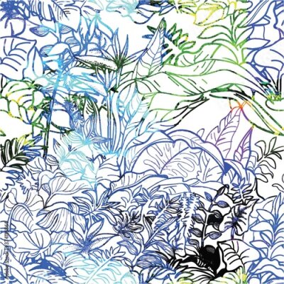 Papier peint  Jungle seamless pattern. Tropical Paste. Ferns Strelitzia, liana pattern. Freehand drawing.