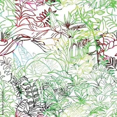 Papier peint  Jungle seamless pattern. Tropical Paste. Ferns Strelitzia, liana pattern. Freehand drawing.