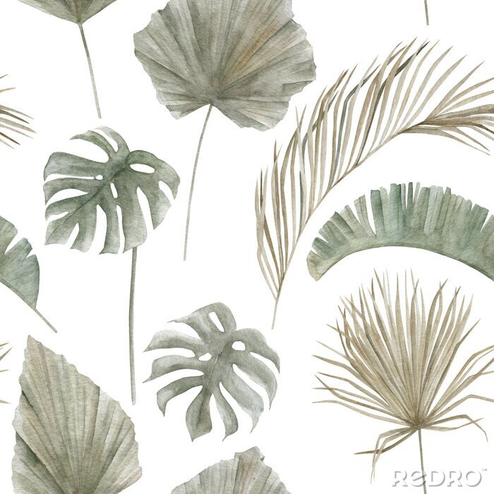 Papier peint  Jungle seamless pattern with tropical palm leaves on white background. Hand drawn summer illustration. Vintage floral print