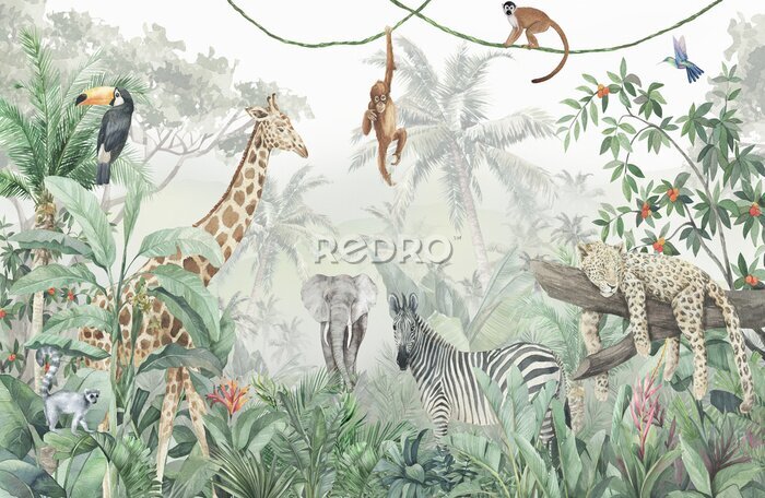 Papier peint  Jungle, tropical plants and animals, giraffe, zebra, elephant, birds, monkey. Children's wallpaper.