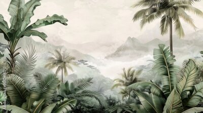 Papier peint  Jungle tropicale avec collines brumeuses en arrière-plan