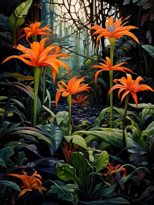 Papier peint  jungle wall poster, jungle flowers, orange strelitzia flowers, strelitzia in the jungle