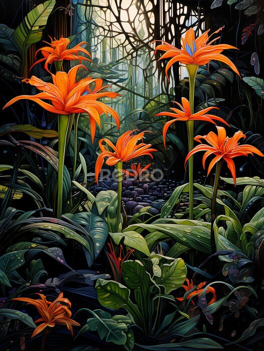 Papier peint  jungle wall poster, jungle flowers, orange strelitzia flowers, strelitzia in the jungle