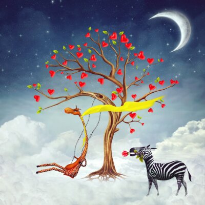 L'illustration montre les relations romantiques entre une girafe et un zèbre
