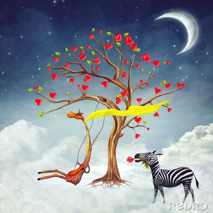 Papier peint  L'illustration montre les relations romantiques entre une girafe et un zèbre