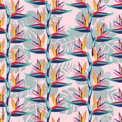 Papier peint  La fleur de l'oiseau de paradis Strelitzia est un fond sans couture de fleurs exotiques