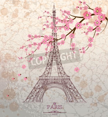 Papier peint  La tour Eiffel et des fleurs de cerisier