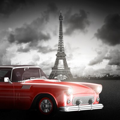 La Tour Eifflel noir et blanc et voiture rouge