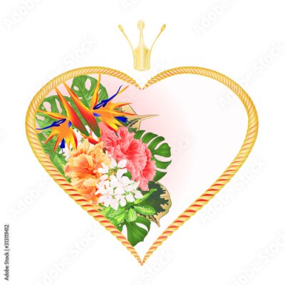 Papier peint  Label golden heart with a crown  and Tropical flowers  Strelitzia and pink and yellow hibiscus  valentine's day festive background vintage vector illustration editable hand draw