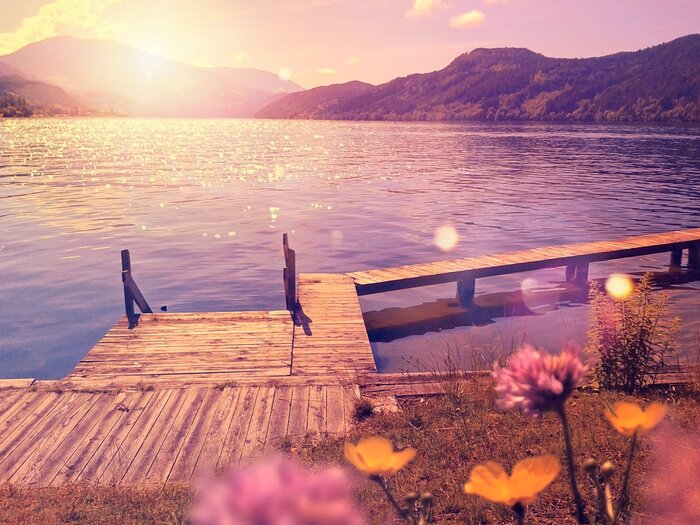 Papier peint  Lac de la jetée et montagnes