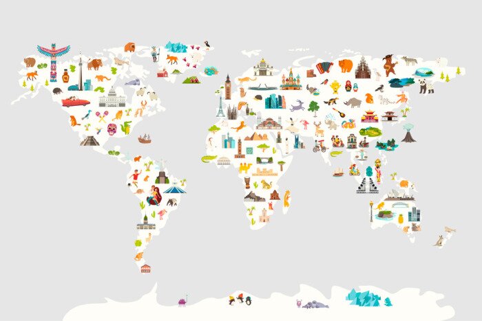 Papier peint  Landmarks world map vector cartoon illustration. Cartoon globe vector illustration. Oceans and continent: South America, Eurasia, North America, Africa, Australia