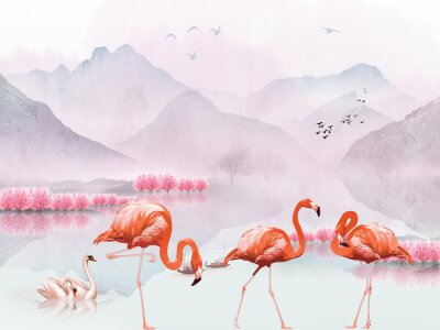 Landscape illustration, hills, flock of birds in the air, pink trees, a pair of swans in the lake, three flamingos in the foreground