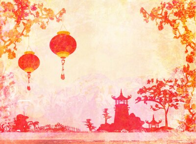 Papier peint  Lanternes en papier paysage oriental