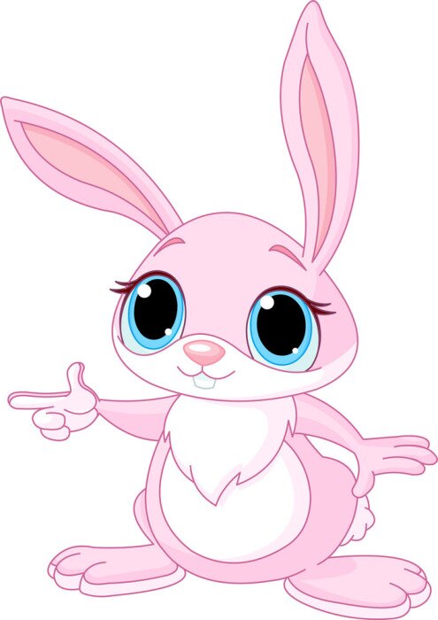 Papier peint  Lapin rose aux yeux bleus pointant son doigt