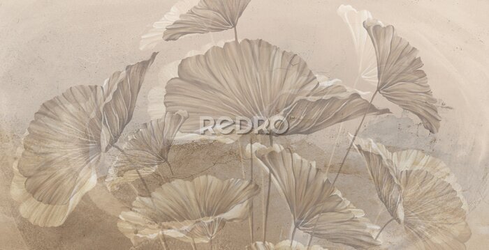 Papier peint  Large art painted leaves on a textured wall, in pastel colors, photo wallpaper for the interior