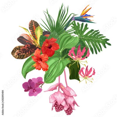 Papier peint  Large bouquet of tropical flowers and leaves. Hibiscus, orchids, strelitzia, medinilla, palm trees. 