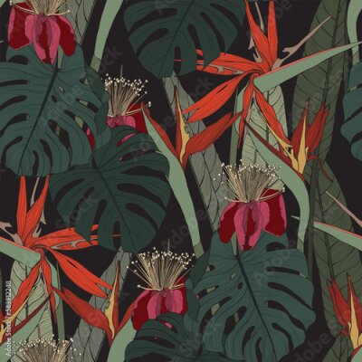 Papier peint  Large flowers, buds and leaves, strelitzia and feijoa on a black background. Seamless floral illustration. Square repeating design template for fabric.