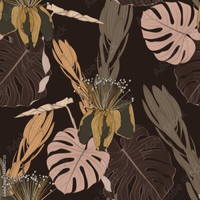 Papier peint  Large flowers, buds and leaves, strelitzia and feijoa on a black background. Seamless floral illustration. Square repeating design template for fabric.
