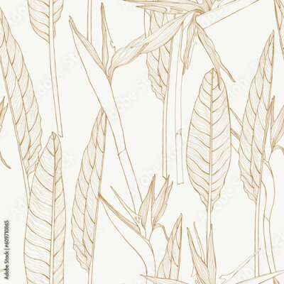 Papier peint  Large flowers, buds and leaves, strelitzia on a golden colors background. Seamless floral illustration. Square repeating design template for fabric.