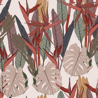 Papier peint  Large flowers, buds and leaves, strelitzia on a vintage abstract style. Seamless floral illustration. Square repeating design template for fabric.