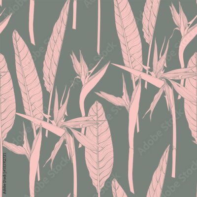 Papier peint  Large flowers, buds and leaves, strelitzia on a vintage background. Seamless floral illustration. Square repeating design template for fabric.