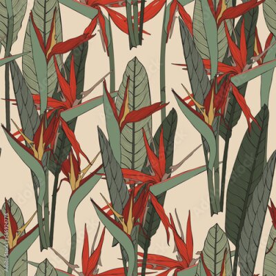 Papier peint  Large flowers, buds and leaves, strelitzia on a vintage background. Seamless floral illustration. Square repeating design template for fabric.