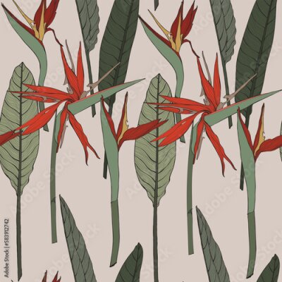 Papier peint  Large flowers, buds and leaves, strelitzia on a vintage background. Seamless floral illustration. Square repeating design template for fabric.