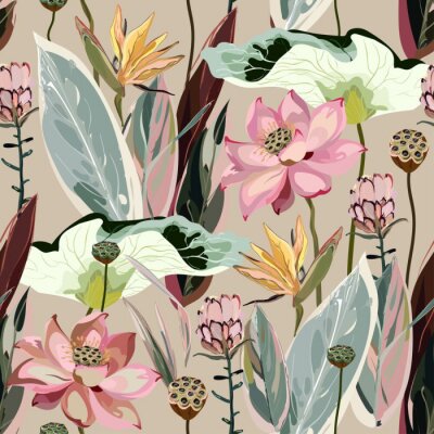 Papier peint  Large flowers, inflorescences, buds and lotus leaves, Strelitzia and Proteus on a light beige, cream background. Vector seamless floral illustration. 
