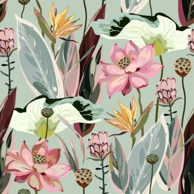 Papier peint  Large flowers, inflorescences, buds and lotus leaves, Strelitzia and Proteus on a light beige, cream background. Vector seamless floral illustration. Square repeating design template for fabric