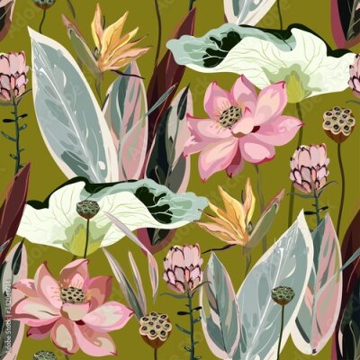 Papier peint  Large flowers, inflorescences, buds and lotus leaves, Strelitzia and Proteus on a light beige, cream background. Vector seamless floral illustration. Square repeating design template for fabric