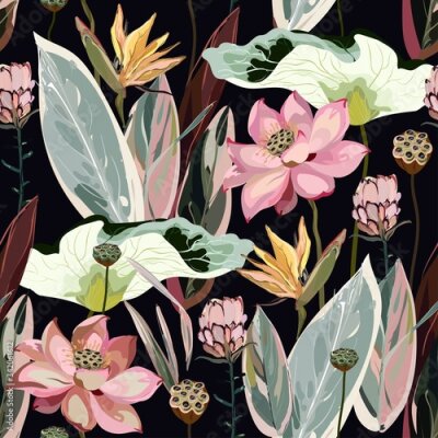 Papier peint  Large flowers, inflorescences, buds and lotus leaves, Strelitzia and Proteus on a light beige, cream background. Vector seamless floral illustration. Square repeating design template for fabric