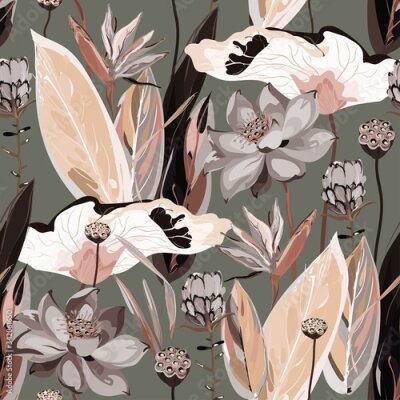 Papier peint  Large flowers, inflorescences, buds and lotus leaves, Strelitzia and Proteus on a light beige, cream background. Vector seamless floral illustration. Square repeating design template for fabric