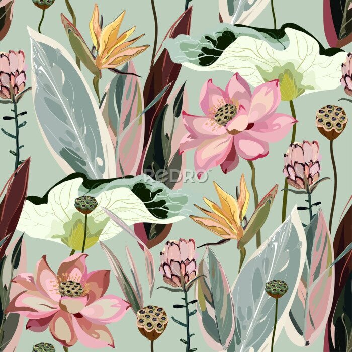 Papier peint  Large flowers, inflorescences, buds and lotus leaves, Strelitzia and Proteus on a light beige, cream background. Vector seamless floral illustration. Square repeating design template for fabric