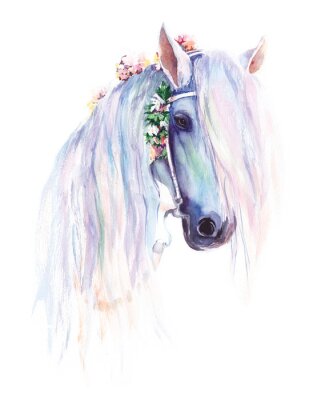 Papier peint  Le cheval bleu avec des fleurs dans la crinière. Peinture aquarelle originale.