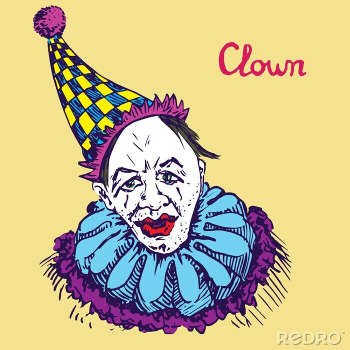 Papier peint  Le clown dans un chapeau à carreaux brillants amusant souriant, griffonnage dessiné à la main, croquis de couleurs vives dans le style pop art, illustration vectorielle