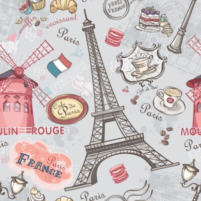 Papier peint  Le Moulin rouge et la tour Eiffel