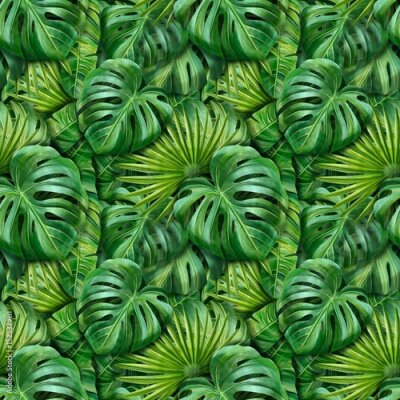 Papier peint  Leaves of exotic plants Seamless Pattern. Bright seamless tropical pattern with parrot, lotus, protea, strelitzia, and palm leaves. Perfect for textile, packaging, branding, summer product