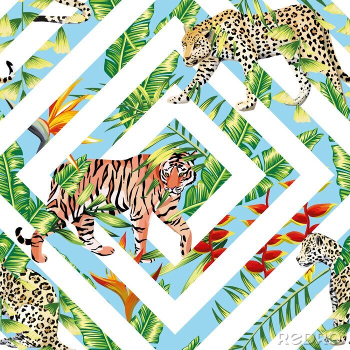 Papier peint  léopard tigre sans soudure feuilles tropicales de fond géométrique